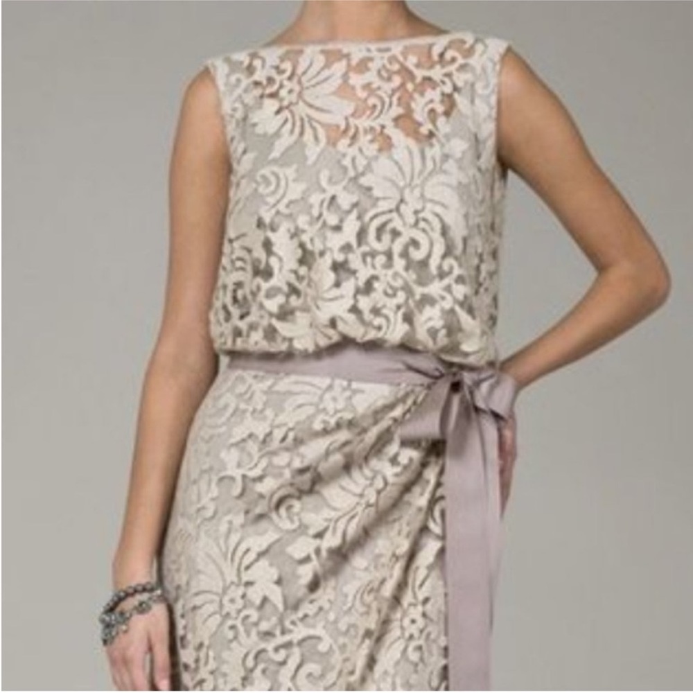TADASHI SHOJI Taupe Lace Overlay Blouson Cocktail Dress Sz 6